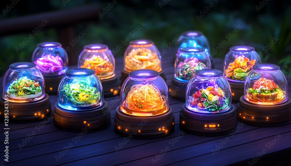 Fototapeta premium Illuminated food dishes under glass domes on a table at night