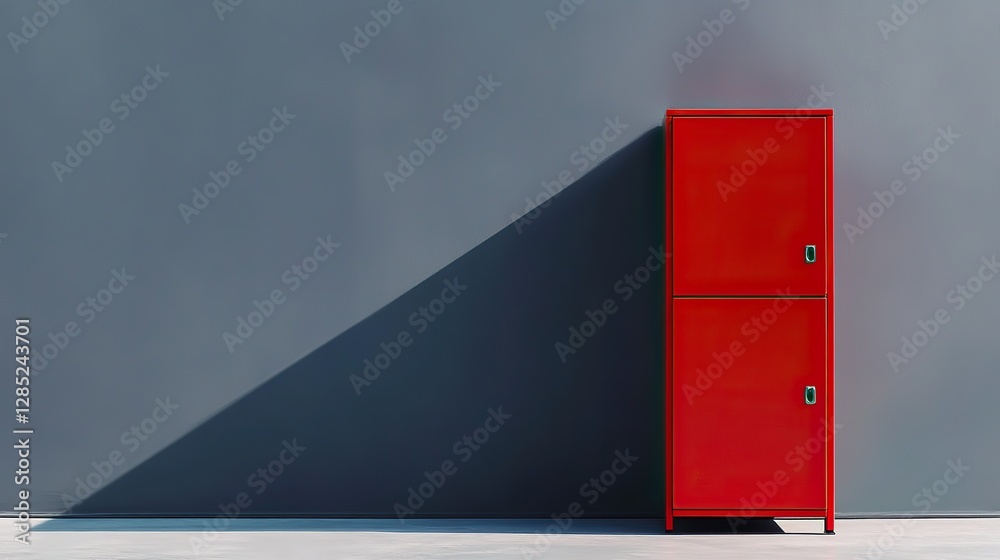 Modern minimalist red office file cabinet close-up, sleek design on floor, high-resolution commercial interior decor. Modern minimalist red office file cabinet close-up, sleek design on floor, high-resolution commercial interior decor.