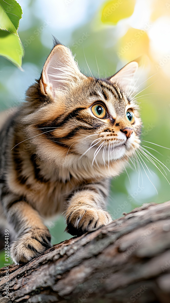Fototapeta premium Kitten climbing tree branch, sunny garden