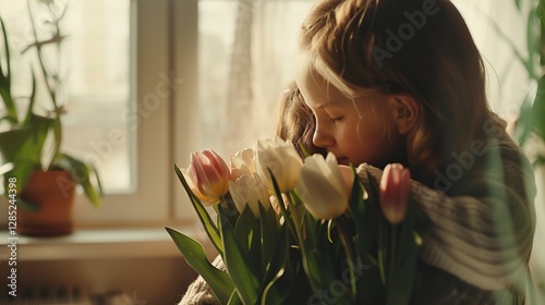 Cute little daughter hugs her mother and gives her a bouquet of flowers inside the house