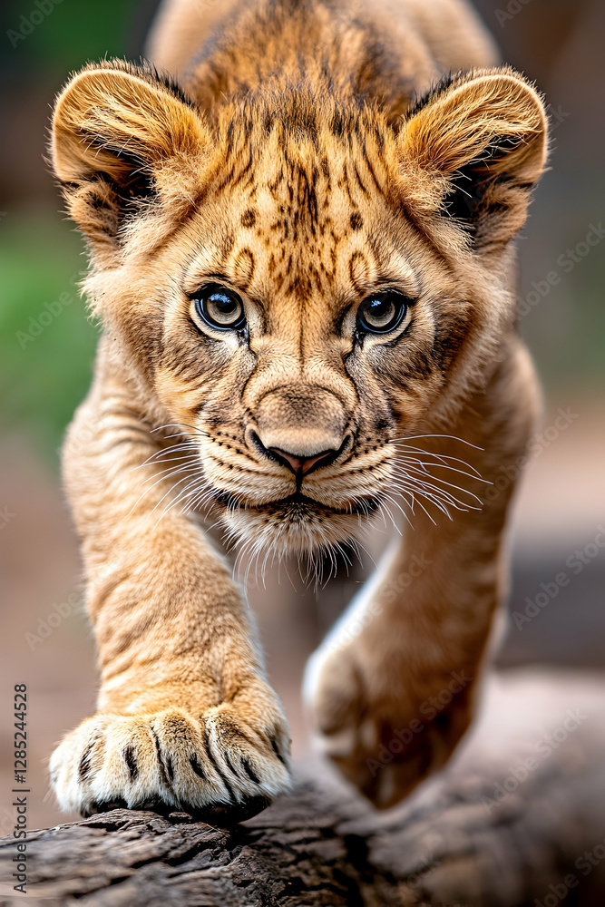 Fototapeta premium Lion cub walking forward, blurred background, wildlife photography, perfect for calendars