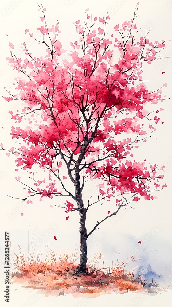 Watercolor painting of cherry blossoms blooming in spring