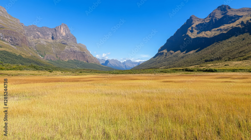 Obraz premium Lush valley with golden grass and majestic mountains