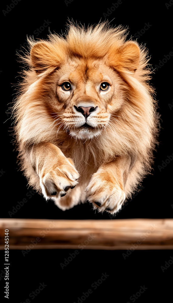 Fototapeta premium Majestic lion leaping, dark background, wildlife action shot, ideal for wildlife documentaries
