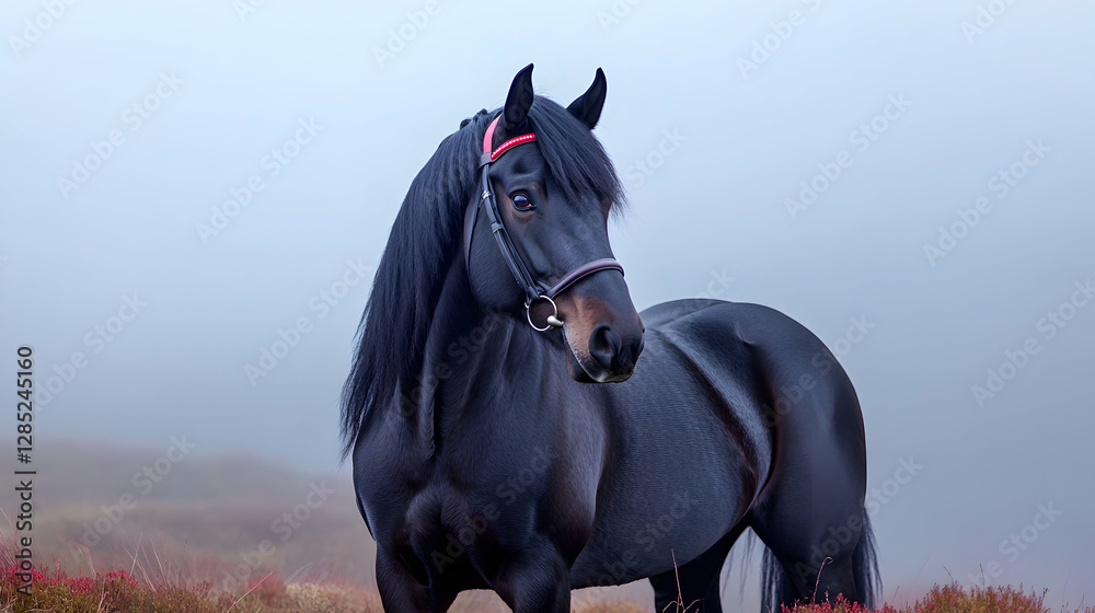 Obraz premium Majestic black stallion in misty highland pasture