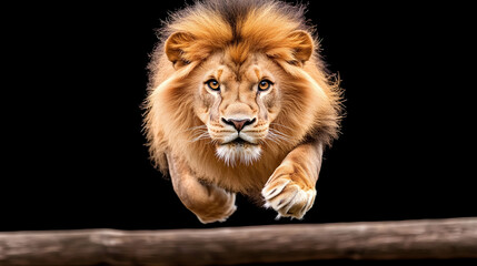 Crédence de cuisine Lion Majestic lion leaping, black background, wildlife power  © bcendet