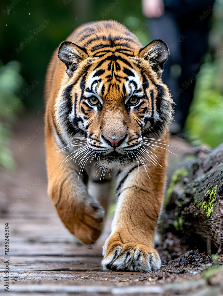 Majestic tiger walking on path, forest background, wildlife conservation Majestic tiger walking on path, forest background, wildlife conservation