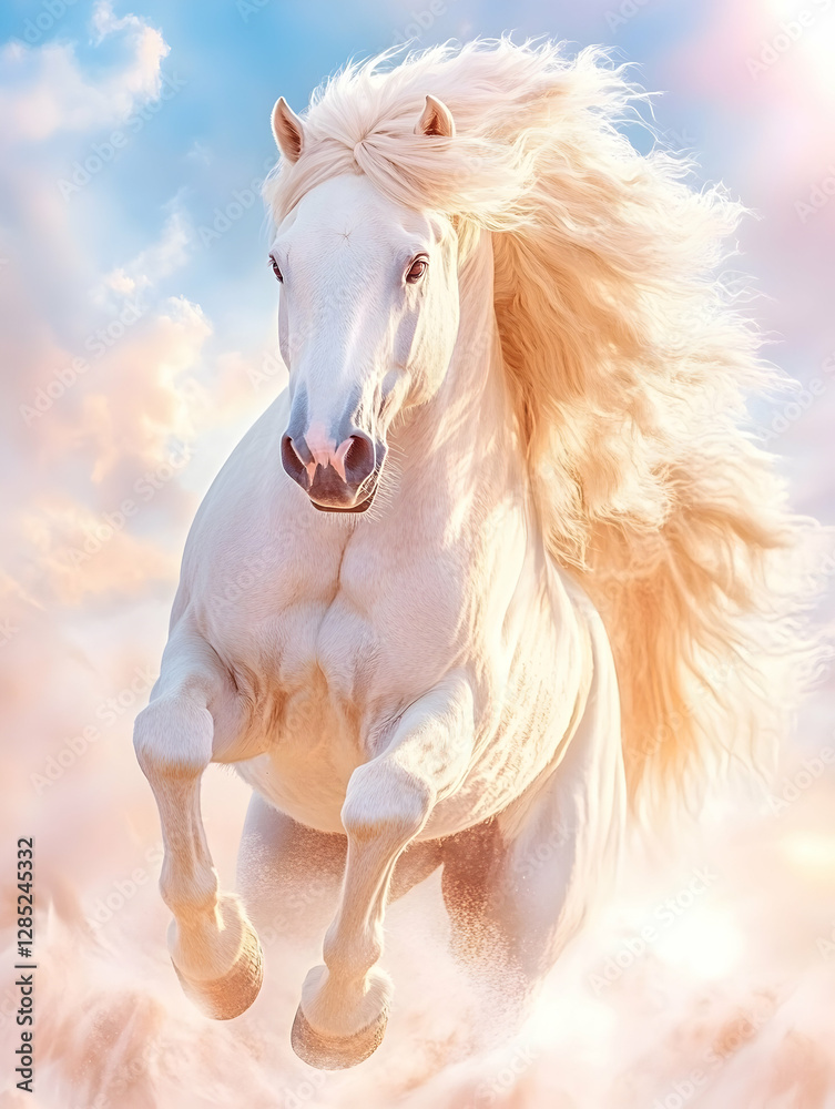 Naklejka premium Majestic white stallion leaping, sunset clouds