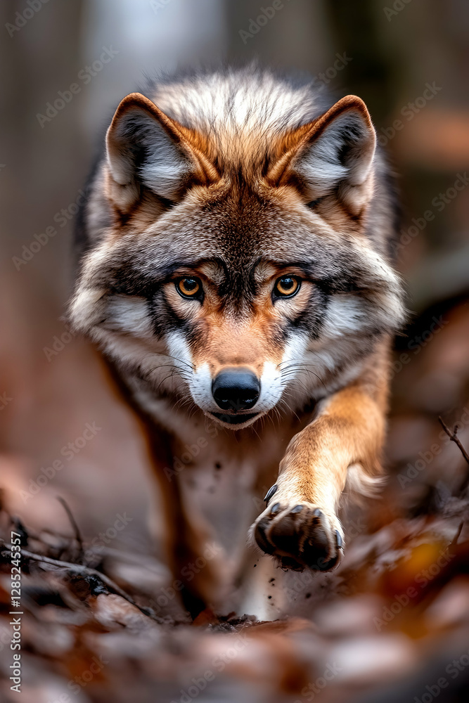Fototapeta premium Majestic wolf stalking in autumn forest