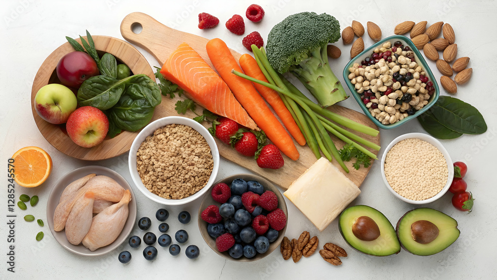 A variety of nutrient-dense foods arranged to represent a balanced diet. A variety of nutrient-dense foods arranged to represent a balanced diet.