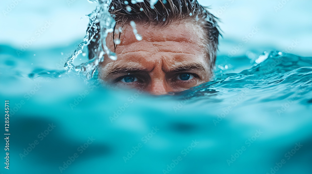 Fototapeta premium Man swimming ocean waves close-up portrait