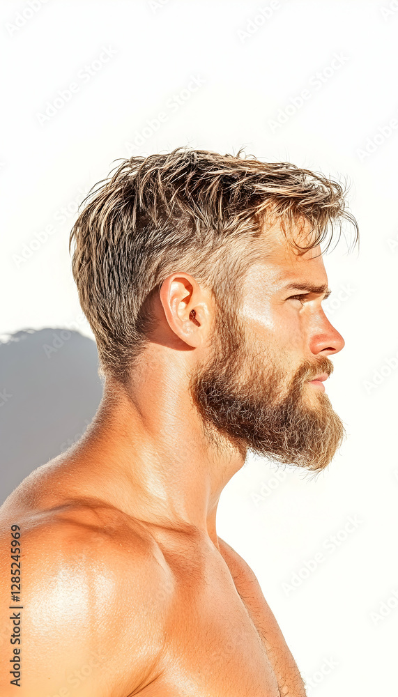 Naklejka premium Man's profile, sunlit beard, outdoor portrait, white wall background, for skincare ads