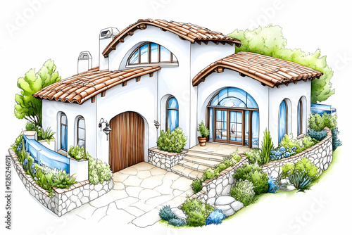Mediterranean house architectural design, landscaping, coastal view