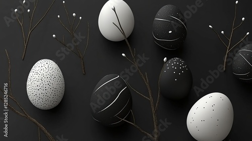 Stylish black & white Easter eggs, branches, dark background, holiday card design
