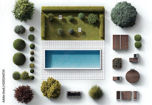 Beautiful landscaping featuring trees, benches, and garden elements.