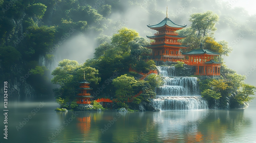 Obraz premium A fantasy floating island with a cascading waterfall and a serene pagoda nestled amongst the lush greenery creates a tranquil and mystical scene, inviting viewers to escape into a world of fantasy.