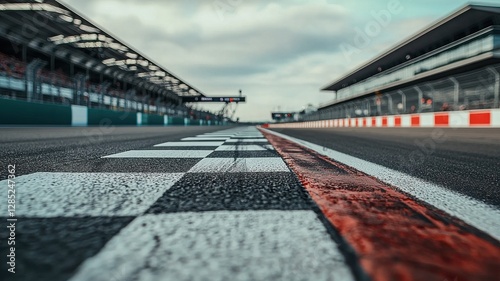 A low-angle view of the finish line at Silverstone Circuit, capturing the checkered pattern on the track under a cloudy sky, symbolizing competition and speed. photo