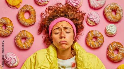Sad person surrounded by sugary foods, reflecting the struggle between indulgence and emotional well-being, highlighting the complexities of comfort and self-care.