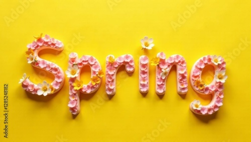 pink handcrafted typography spelling spring, decorated with vibrant yellow and white flowers on a bright yellow background, concept of seasonal branding, floral design, creative advertising