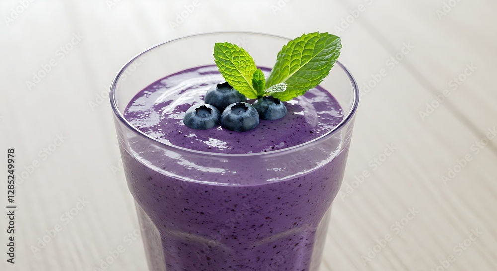 A blueberry smoothie in a clear glass, topped with fresh blueberries and a sprig of mint. A blueberry smoothie in a clear glass, topped with fresh blueberries and a sprig of mint.
