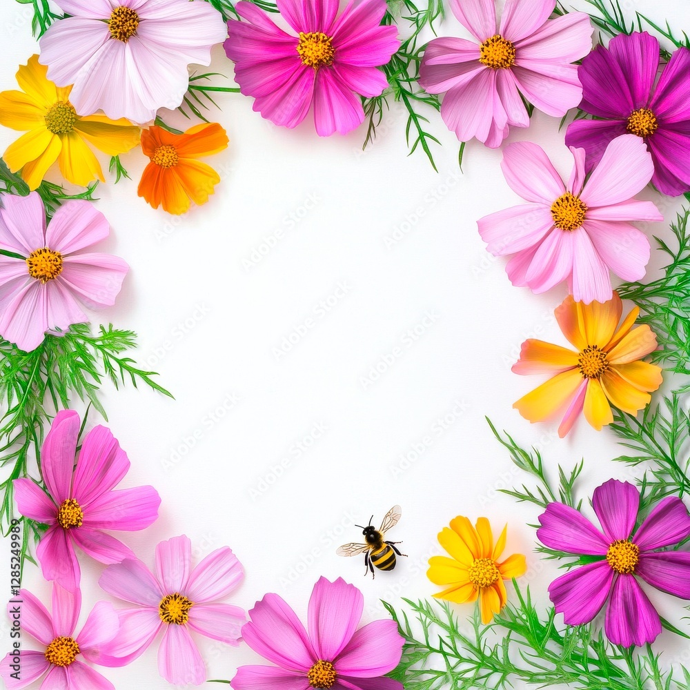 Vibrant Cosmos Flowers Frame a White Background with a Bee for Spring or Summer Designs. Vibrant Cosmos Flowers Frame a White Background with a Bee for Spring or Summer Designs.