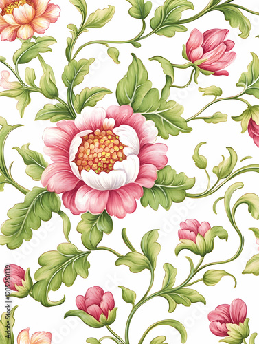 Pink floral pattern, intricate design, white background, wallpaper textile