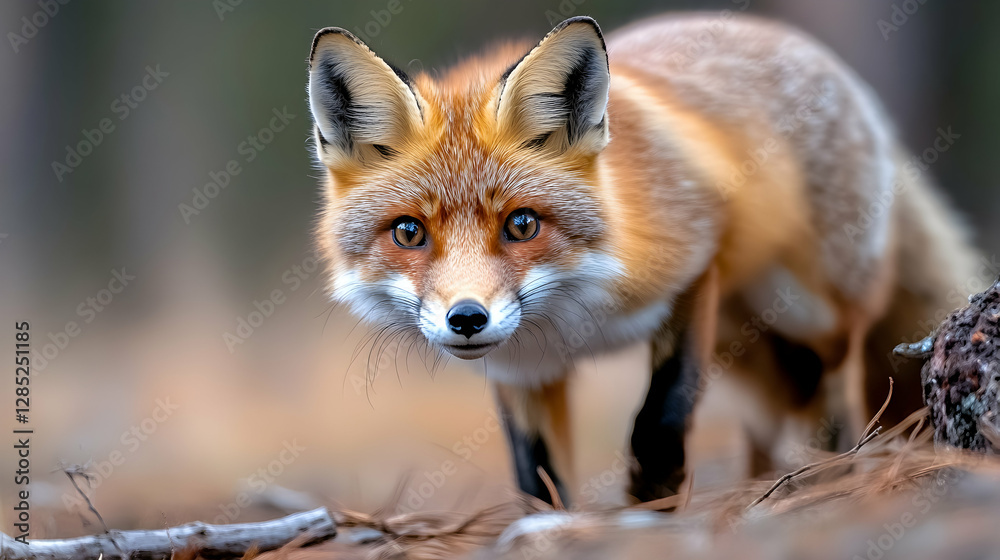Red fox alert in forest, nature background, wildlife photography Red fox alert in forest, nature background, wildlife photography