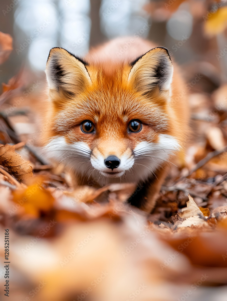 Obraz premium Red fox autumn forest leaves wildlife closeup