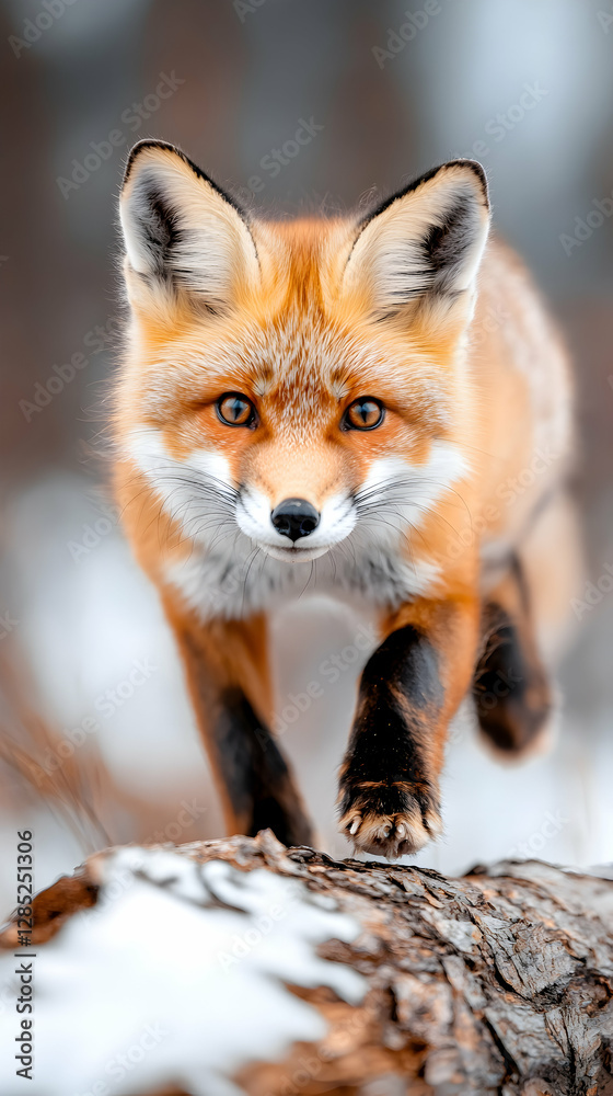 Fototapeta premium Red fox running winter forest snow wildlife