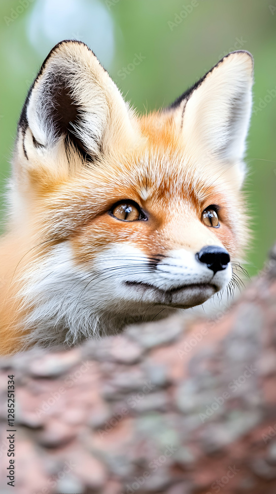 Obraz premium Red fox peeking from behind a log in forest