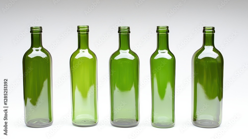 Five empty green glass bottles arranged in a row on a neutral background, showcasing their sleek design and color. Five empty green glass bottles arranged in a row on a neutral background, showcasing their sleek design and color.