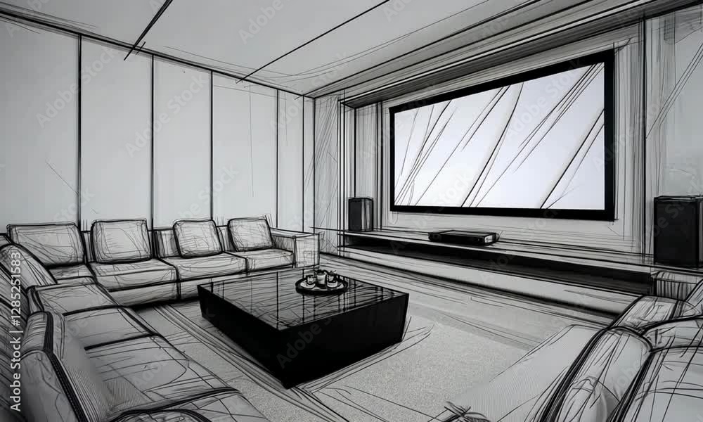 Modern living room sketch featuring a large screen, cozy seating, and minimalistic decor Modern living room sketch featuring a large screen, cozy seating, and minimalistic decor