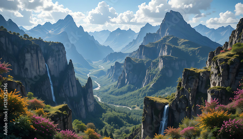 awe-inspiring grandeur and harmonious ecological tapestry of precipice-encircled summits, epitomizing resplendent alpine flora, soaring pinnacles, and profound seclusion and grandiosity bestowed by th