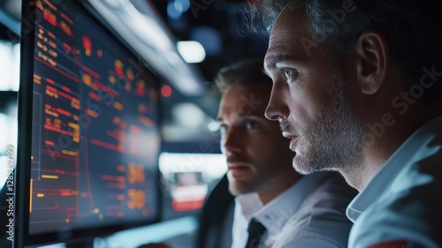 A Formula 1 team principal and race engineer engage in an intense discussion, analyzing data on monitors to strategize for an upcoming race.