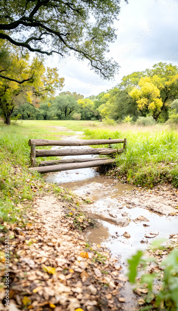 Rustic wooden bridge over creek, autumn park Rustic wooden bridge over creek, autumn park