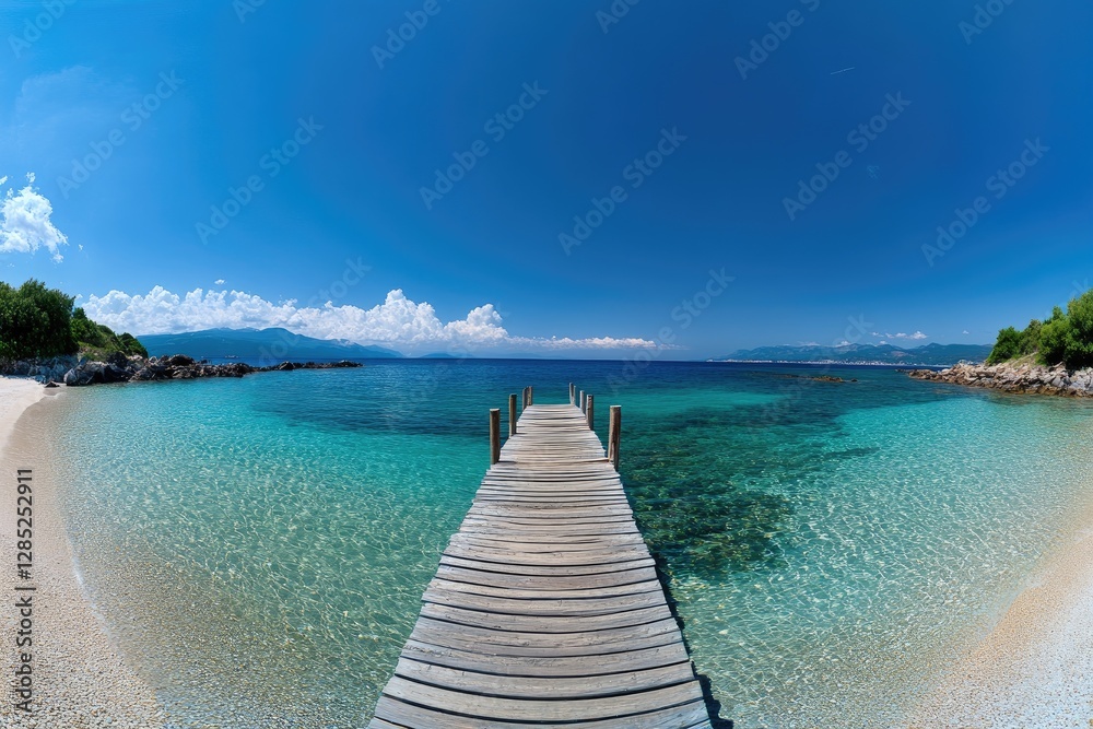 Tranquil wooden pier leads to turquoise beach cove, sunny sky Tranquil wooden pier leads to turquoise beach cove, sunny sky