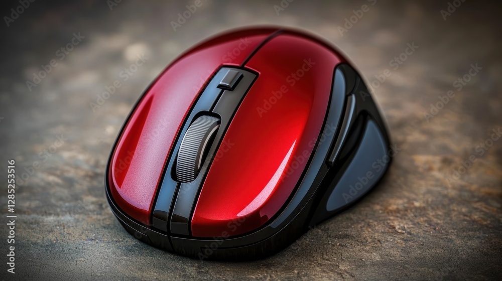 Sleek red computer mouse resting on a textured surface with a blurred background Sleek red computer mouse resting on a textured surface with a blurred background