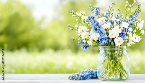 Spring bouquet in glass jar, garden background,  greeting card