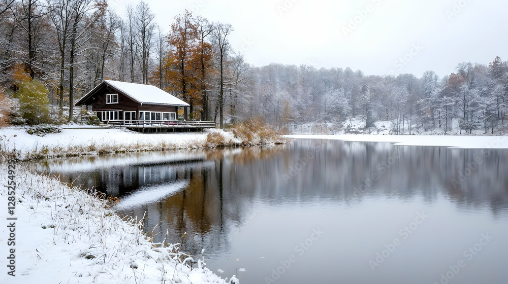 Obraz premium Snowy lake house winter landscape; tranquil retreat