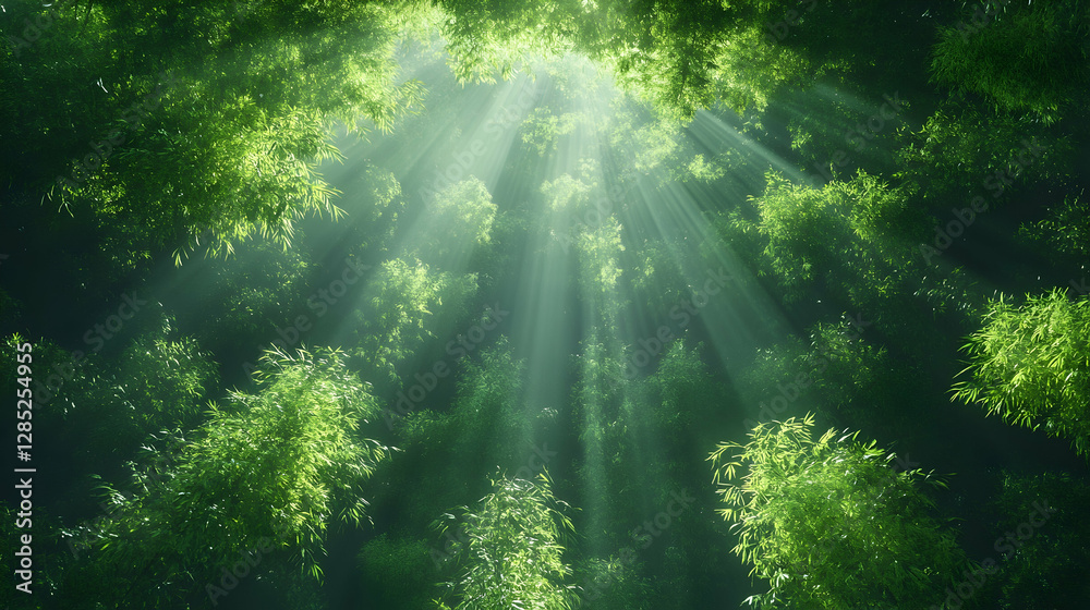 Sunbeams through bamboo forest canopy Sunbeams through bamboo forest canopy