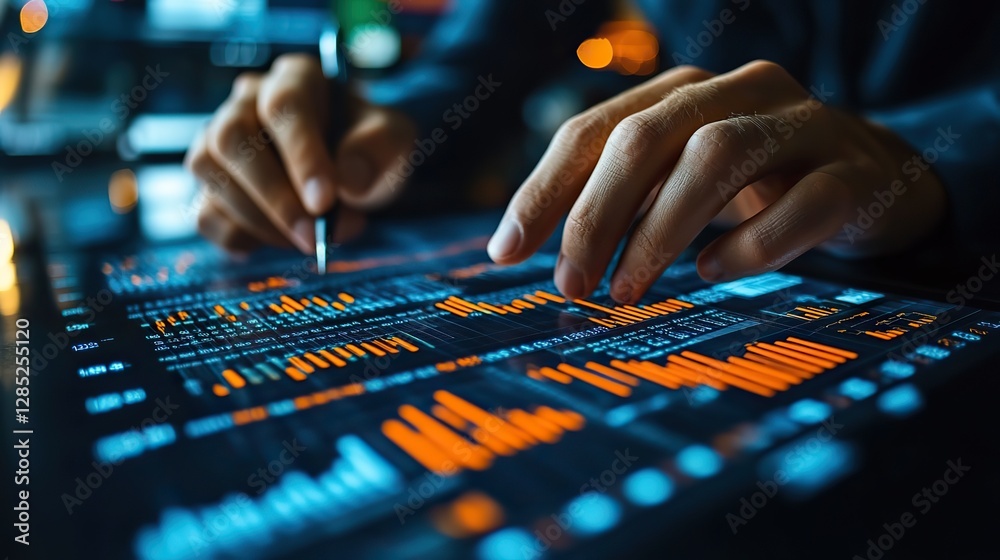 A financial analyst studies a stock chart, carefully analyzing economic trends and developing an effective investment strategy to maximize returns A financial analyst studies a stock chart, carefully analyzing economic trends and developing an effective investment strategy to maximize returns