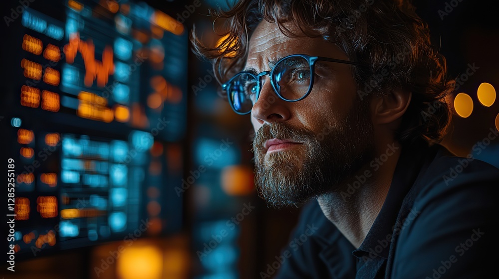 A financial analyst studies a stock chart, carefully analyzing economic trends and developing an effective investment strategy to maximize returns A financial analyst studies a stock chart, carefully analyzing economic trends and developing an effective investment strategy to maximize returns