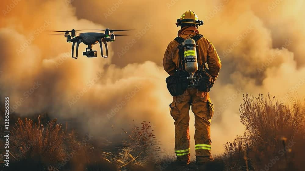 The Vigilant Guardian: A brave firefighter, silhouetted against a backdrop of a wildfire, utilizes a drone to survey the devastating scene and strategize the best path forward.