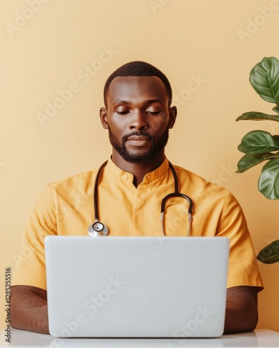 Contemporary Telemedicine Visual Young Male Doctor in Bright Home Office with Laptop and Plant - Remote Healthcare Content and Digital Health Services Marketing