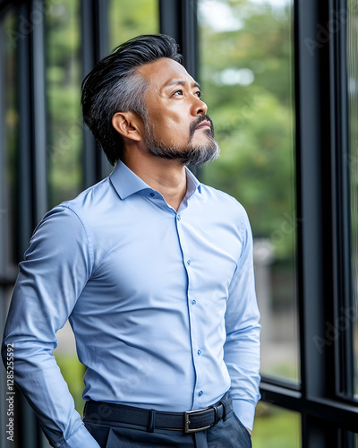Thoughtful businessman looking out window, office background