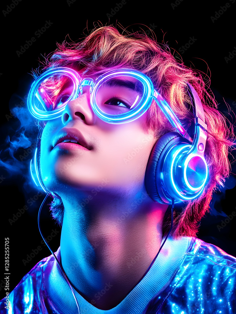 Fototapeta premium Teen listening music, neon lights, dark background, album art