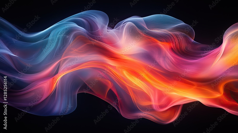 Obraz premium A fluid abstract shape with iridescent colors flows gracefully against a black background, creating a sense of movement and depth.