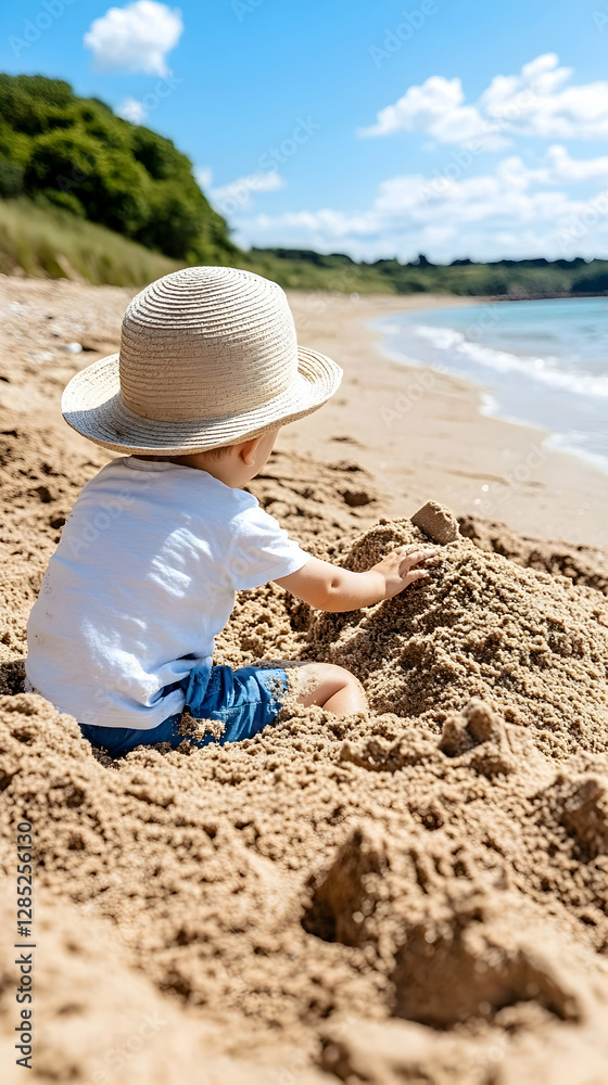 Toddler building sandcastle, sunny beach, ocean view, summer fun, family vacation Toddler building sandcastle, sunny beach, ocean view, summer fun, family vacation