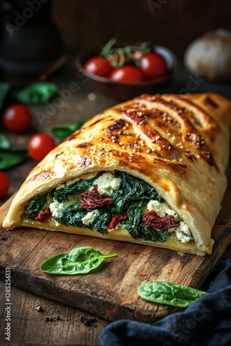 Vegetarian calzone filled with spinach, ricotta, and sun-dried tomatoes, served on a rustic wooden board,