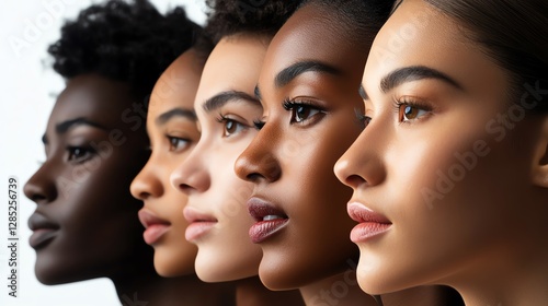 A vibrant and diverse group of people of various skin tones, from fair to dark, showcasing their radiant beauty and natural skin in an empowering ad